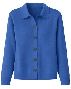Women Royal Blue Button Front Knit <b>Cardigan</b> Sweater Long Sleeve Soft Casual Winter Top <b>With</b> Polo Collar For Ladies Fashion Wear - Product Image 1