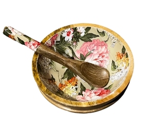 Peony Garden Bowl Mango Wood Handmade Decorative Wooden Salad Bowls with Serving Utensils Wood Dinning Accessory - Product Image 1