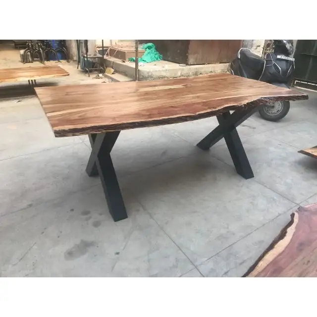 Table à manger industrielle vintage en bois massif d'acacia, pieds en fer X, table pliante, meubles de salle à manger