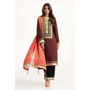 IUSTKSD-732 Ensemble 3 pièces décontracté pour femme en mousseline de soie imprimée laquée or, brodé, manches longues, pour l'été - Élégant pour occasions festives - Product Image 5