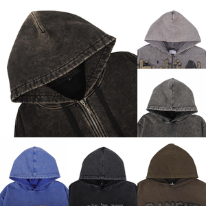 Broderie lourde bouffée impression français éponge polaire coton surdimensionné recadrée fermeture éclair unisexe en détresse lavé acide sweats à capuche personnalisés - Product Image 2