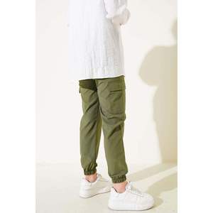 Pantalones Cargo de cintura elástica caqui para mujer con tela de lona transpirable estilo acampanado de cintura media decoración de rayas laterales lavado de colores - Product Image 2