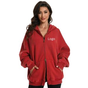 Customizable Color Logo Stone-<b>Washed</b> Printed Oversized Two-Way Zipper Hoodie ribbed hem and cuff y2k streetwear for <b>Women</b> - Product Image 1
