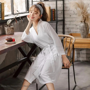 <b>Waffle</b> Female <b>Bathrobe</b> Kimono Gown Loose Casual Soild Robe Home Dressing Gown Sexy V-Neck Sleepwear Loungewear - Product Image 1