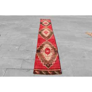 Turkish Vintage <b>Runner</b> Rug 2x12.9 ft, <b>Red</b> Brown Check Wool Rug - Product Image 1