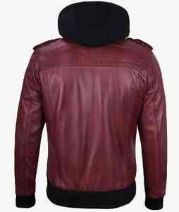 Chaqueta Bomber de Cuero Genuino Color Granate para Hombre, con Capucha Desmontable, Estilo Vintage Personalizado, Chaqueta de Motociclista Desgastada, Corte Ajustado - Product Image 3