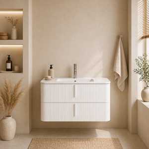 Havana <b>White</b> Ribbed Front 100cm <b>White</b> <b>Wall</b>-Hung Bathroom <b>Cabinet</b> - Product Image 1