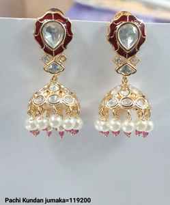 Indian Gold Plated Traditional and Fashionable Kundan and Hanging Pearl Jumkha Earrings for Women and Girls <b>Jewellery</b> Set - Product Image 2