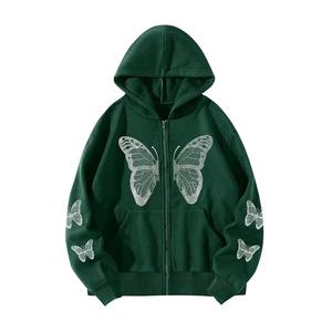 Wholesale Oversize Heavyweight 100% Cotton Fleece Winter Rhinestone Embroidered Breathable Green Butterfly Design Zipper Custom - Product Image 1