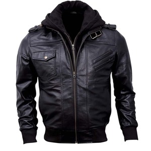 Chaqueta de Cuero Bomber Negra con Capucha Desmontable para Hombre, Chaquetas de Cuero Marrón Encerado de Piel de Cordero Auténtica para Hombre - Product Image 1