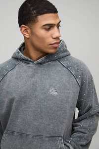 Sudadera con Capucha de Felpa Lavada con Estampado de Diamantes de Imitación y Carbón Vegetal Personalizada, 100% Algodón, Dobladillo y Puños Acanalados para Hombre, Ropa Casual de Otoño - Product Image 5