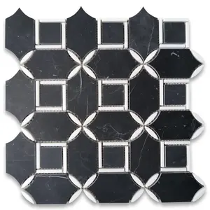 Azulejos de mármol negro Nero Marquina, diseño de cuadrícula de estrella de flores geométricas, modelo N9K5XH - Product Image 1