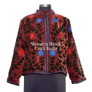 Trending Handmade Suzani Embroidery Knitted Cotton Velvet Winter Short <b>Quilted</b> <b>Jacket</b> for Women with Stripe Design - Product Image 2