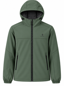 Chaqueta Softshell Impermeable con Capucha Verde para Hombre SINEWY, Cuello Alto Informal con Cierre de Cremallera, Corte Regular, para Otoño - Product Image 1