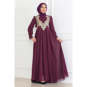 Vestido de Noche Morado 6113 de Gasa con Detalles de Encaje, Patrón de Crochet, Decoración de Lentejuelas, Talla XL, Vestido de Gala Largo hasta el Suelo - Product Image 3