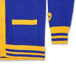 Cardigans en tricot d'hiver pour hommes et femmes, style américain, patchwork or et bleu, broderies de logos, sororité et fraternité - Product Image 6