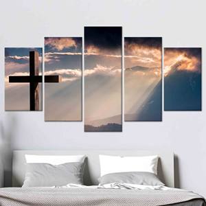Impression sur toile élégante avec croix chrétienne : lever du soleil, montagnes, Jésus-Christ, lot de 5 toiles assorties - Product Image 1