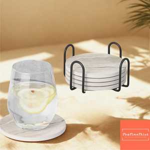 ชุดแผ่นรองแก้วหินอ่อน 6 ชิ้น พร้อมฐานไม้ก๊อกกันลื่นและที่วางโลหะ ป้องกันโต๊ะ - Product Image 1