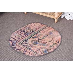 Alfombra de lana Vintage de 2x2 pies en rosa y azul tejido de retazos rectangular grande para sala de estar, pasillo o coche con respaldo de látex - Product Image 1