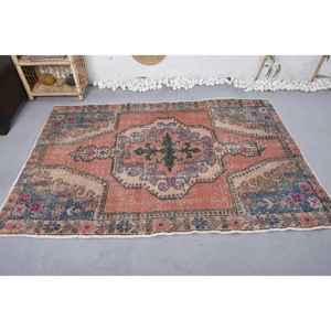 Tapis Vintage en Laine de 4.5X6.6 pieds, Orange, Bleu, Grande Surface, Patchwork, Rectangle, pour Entrée, Chevet, Saison d'Été, Latex - Product Image 3