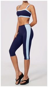 Navy <b>Blue</b> Color Blocking Yoga Set High Waist Calf-Length Leggings Spaghetti Strap Sports <b>Bra</b> Seamless Activewear Two Piece - Product Image 2