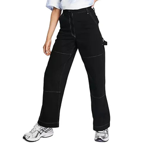 Pantalon cargo en denim noir taille haute pour hommes, coupe ample, couleur unie, style décontracté, tissu en coton mi-lourd, vêtements d'automne - Product Image 1
