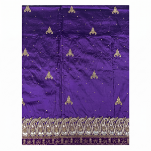 Tela de Encaje George con Cuentas Color Púrpura Real, Bordado Dorado y Adornos de Piedras |   Vestido de novia nigeriano George Wrapper - Product Image 1