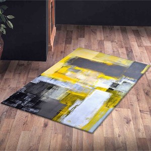 Tapis imprimé : moderne, facile à nettoyer, design jaune et gris, tapis fin non tissé - Product Image 5