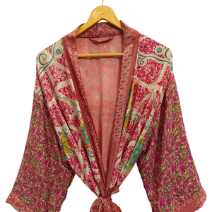 เสื้อคลุมกิโมโนผ้าไหมเย็บปะติดปะต่อกันสุดหรูผ้าคลุมบิกินี่เสื้อคลุมยาวสำหรับใส่กลางคืนทำด้วยมือสไตล์อินเดียวินเทจผ้าไหมส่าหรี - Product Image 1