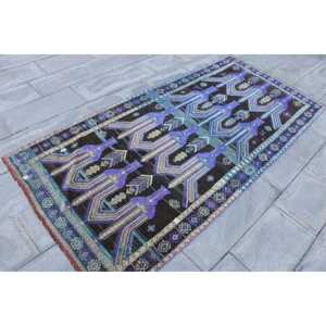 Alfombra Vintage de 3.9x8 pies, Alfombra Turca Azul con Diseño Floral de Lana - Product Image 3