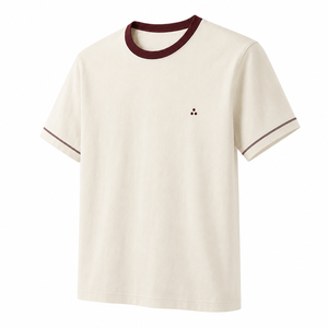 Camiseta de Algodón Crema al por Mayor con Cuello Redondo y Contraste Borgoña, Bordado Minimalista, Ropa Casual Personalizada para Hombre - Product Image 3
