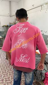 เสื้อยืดผ้าฝ้ายเทอร์รี่ทำจากผ้าฝ้าย100% สั่งทำราคาถูกลดกรดไหล่ซีดจางลงแดดพิมพ์ลายชายเสื้อสีชมพู - Product Image 5