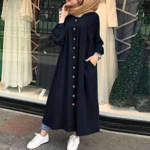 <b>Loose</b> Casual Islamic Abaya <b>Dress</b> for Women Long Sleeve Crew Neck With Buckle Solid Color Fabric Material Muslim Ethnic Clothing - Product Image 6