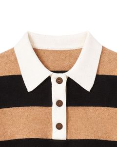 Suéter Polo Corto a Rayas Marrón y Negro Personalizado para Mujer, Suéter de Punto Suave de Manga Larga con Cierre de Botones, Top Informal de Invierno - Product Image 5