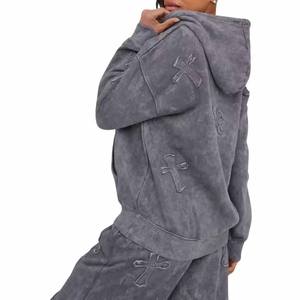 Haute qualité 100% coton Streetwear ensemble femmes pantalons de survêtement et sweat à capuche avec Patch de broderie lavé à la pierre personnalisé pour l'été - Product Image 2