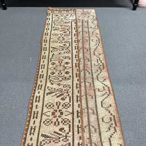 Turkish Vintage Rug, 1.3x8.2 ft Runner Rug, <b>Brown</b> Orange Plants & trees <b>Wool</b> Rug - Product Image 4