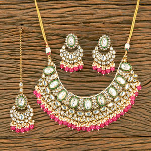 Gold Plated Indo Western Kundan Necklace <b>Set</b> With <b>Beads</b> Artificial Jewellery Exporter in India - Product Image 6