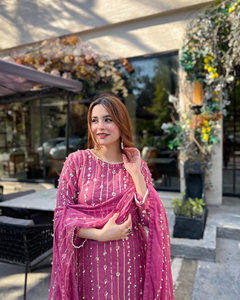 Costume Sharara en tissu fausse Georgette lourd Palazzo Dupatta robe ethnique indienne et pakistanaise pour adultes impression dessinée à la main sur - Product Image 2