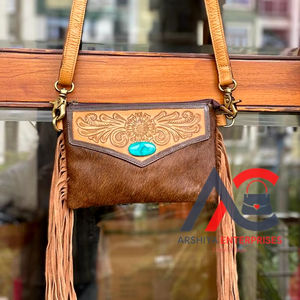 New Real Hair on Hand Tooled Leather Fringe Crossbody Bag Western Boho Turquoise <b>Stone</b> Purse Genuine Leather Handbag for Women's - Product Image 1