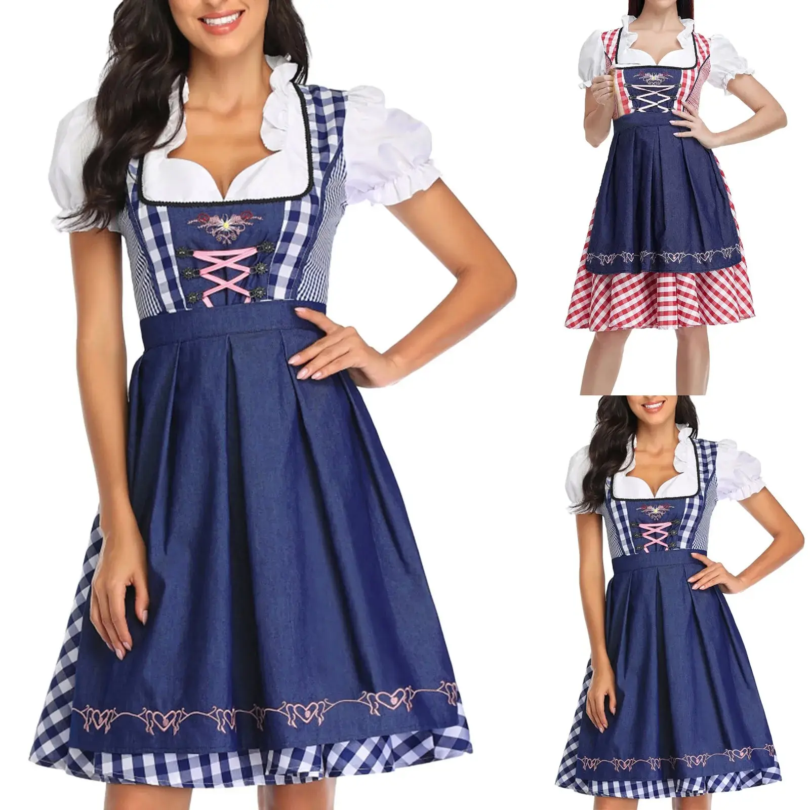 Kostum Oktoberfest Wanita 3 buah gaun Dirndl Bavaria Gaun rok Dirndl Mini dengan blus