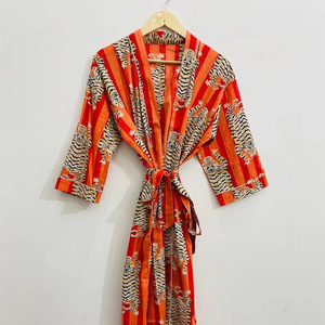 Cotton Kimono Robe Dressing Gown, Block Print Bridesmaid Robe, Summer Nightwear, One Size - Product Image 1