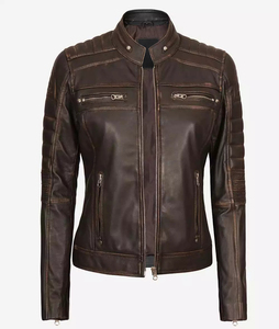 Vêtements personnalisés pour femmes Col étiquette Veste en cuir de moto marron en détresse pour femmes pour l'hiver - Product Image 5