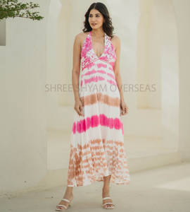 ชุดเดรสแขนกุดสำหรับผู้หญิงชุดเดรสแขนกุดเปิดหลังยาวคอเสื้อชายหาดย้อมสีแฟนซี - Product Image 1