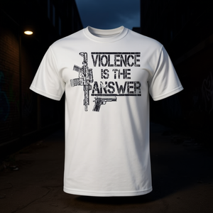 ความรุนแรงคือคำตอบเสื้อยืดผู้ชายสีขาวลายกราฟิก - Product Image 3