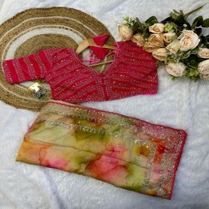 VASTRA COTTAGE Soft Rangoli Silk Saree with <b>Prism</b> Prints Embroidery Sequin Work Cute Border with Velvet Fully Stitched Blouse - Product Image 4