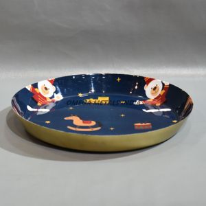 Bandeja decorativa azul moderna con forma redonda e impresiones navideñas coloridas, ideal para servir y exhibiciones festivas - Product Image 1