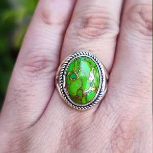 925 Sterling Silver Boho <b>Ring</b> Handmade Green Copper Turquoise Inlay <b>Statement</b> <b>Ring</b> for Women Licensed Private Brand Gift Idea - Product Image 4