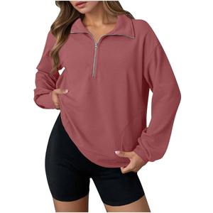 Vente la plus chaude grande taille quart fermeture éclair sweats deux poches latérales col montant coton Polyester bas côtes femmes hiver Style de rue - Product Image 1