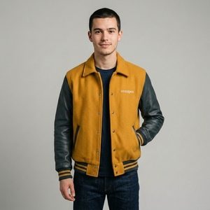 Blouson universitaire noir moutarde en laine avec manches en cuir, col et poignets en tricot côtelé, fermeture à boutons-pression, logo personnalisé, streetwear, vêtement d'extérieur pour homme - Product Image 1