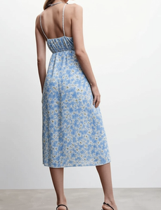 Robe longue d'été bleue à fleurs pour femme, taille haute, bretelles spaghetti, coupe trapèze, décontractée avec fente latérale - Product Image 3